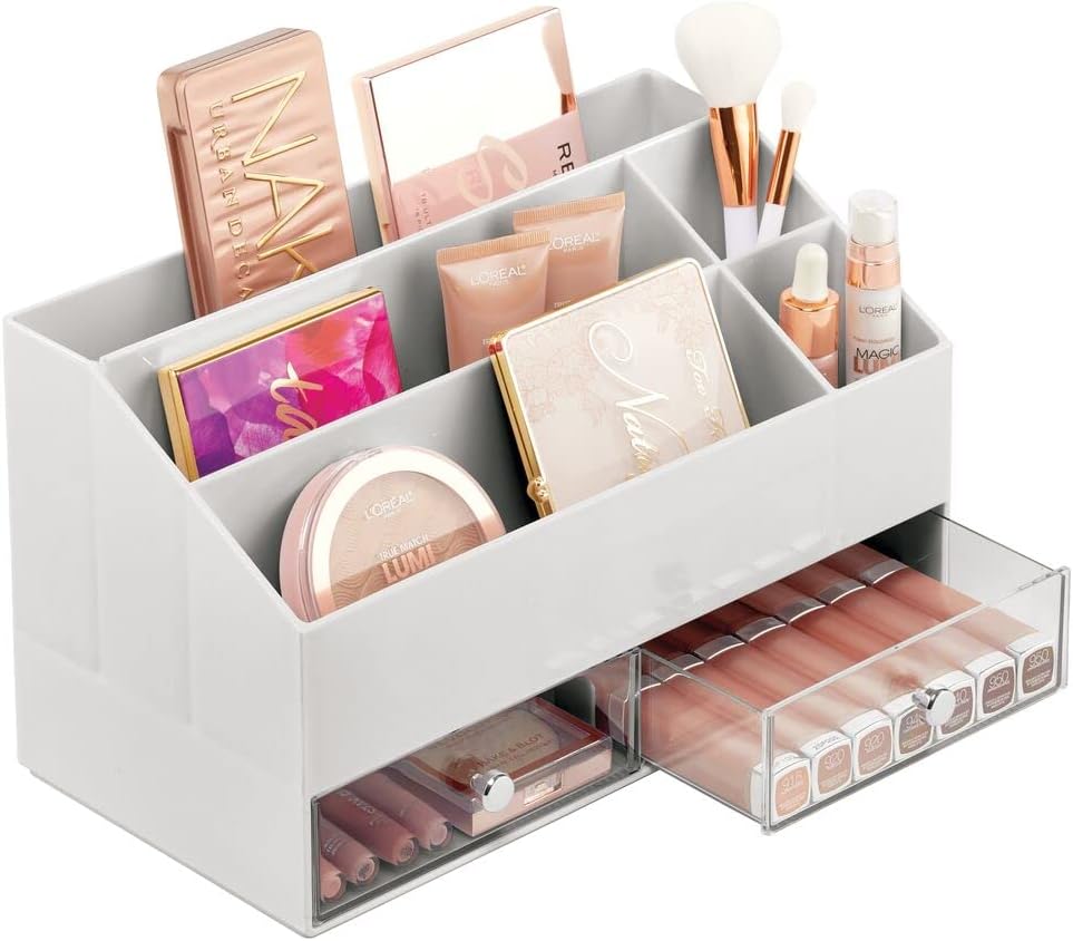Kosmetik Organizer mit 5 Fächern und 2 Schubladen, Hellgrau/Durchsichtig