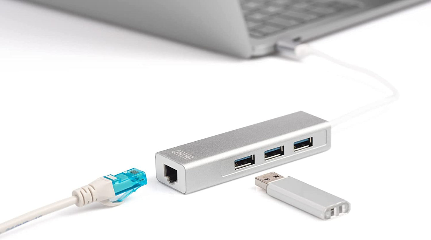 USB 3.2 Gen 1 Multiport-Hub, USB-C Stecker > 3x USB-A Buchse + RJ-45 Buchse, USB-Hub, USB 3.0 Typ-C HUB inkl. Gbit Ethernet Port