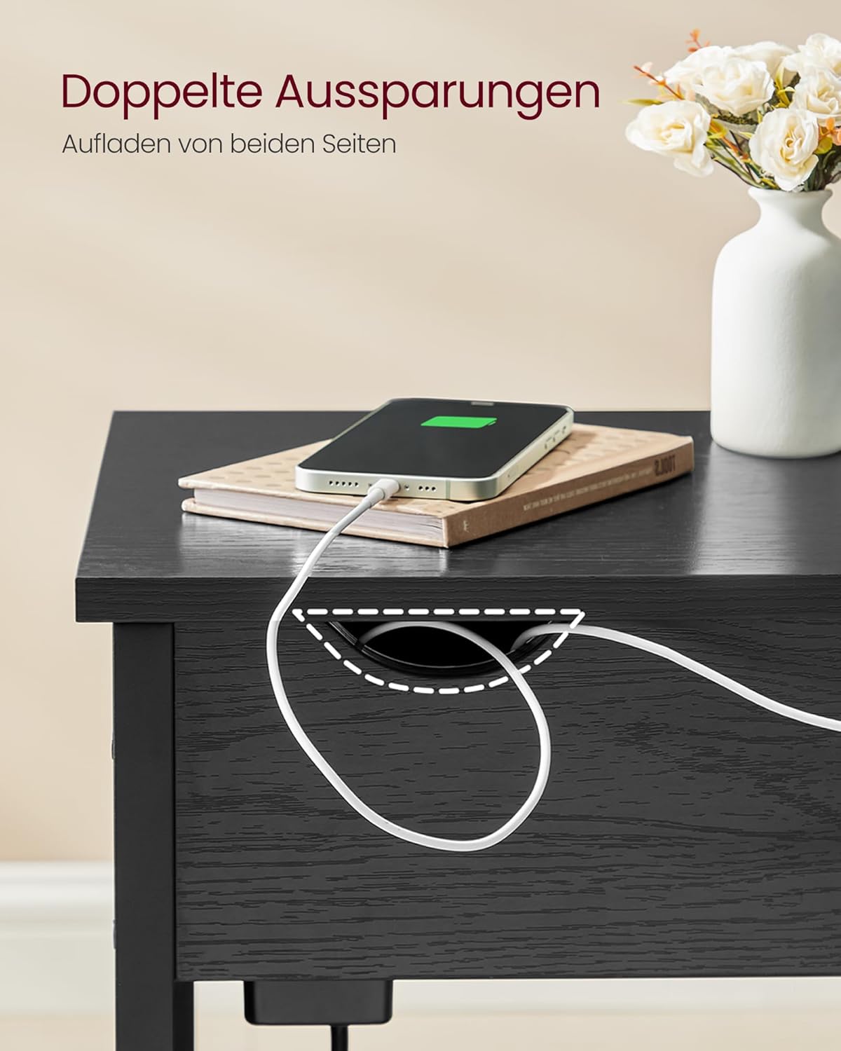 Beistelltisch mit Steckdose und USB-Anschlüssen, 1 Schwarz + Holzmaserung