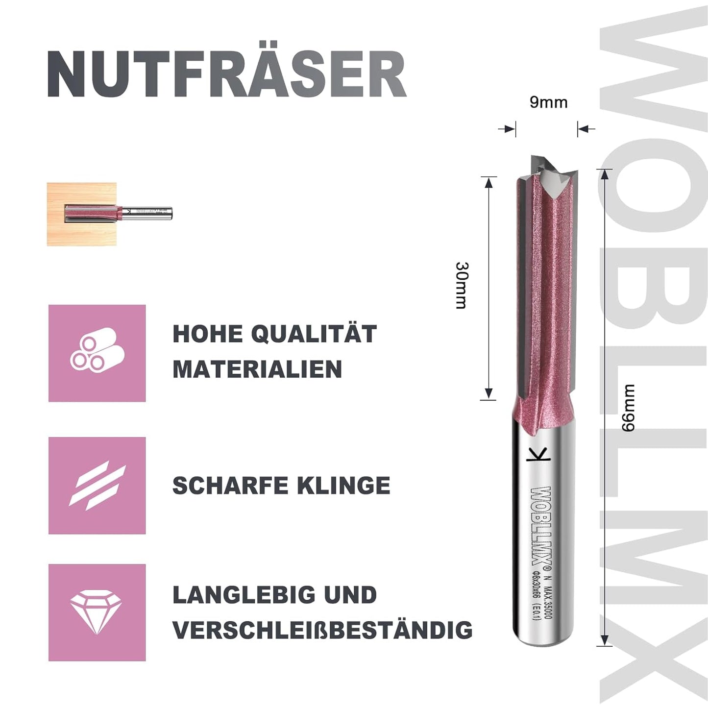 3-Klingen Nutfräser, Ø:9mm L:30mm