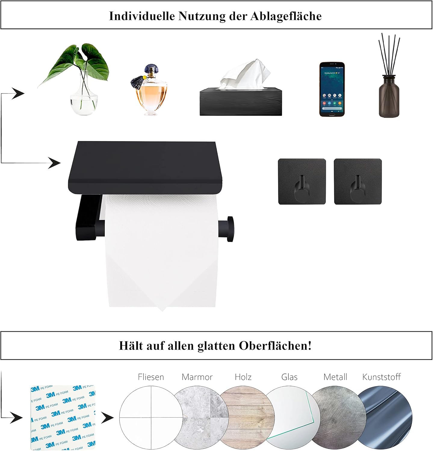 Toilettenpapierhalter mit Ablage, Schwarz