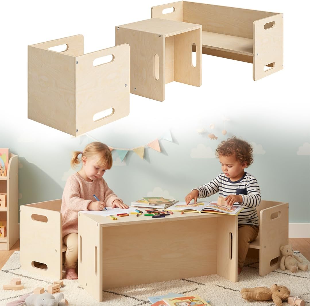 Kindersitzgarnitur 3-teiliges Möbel-Set aus Holz, 2x Stuhl, 1x Bank Natur