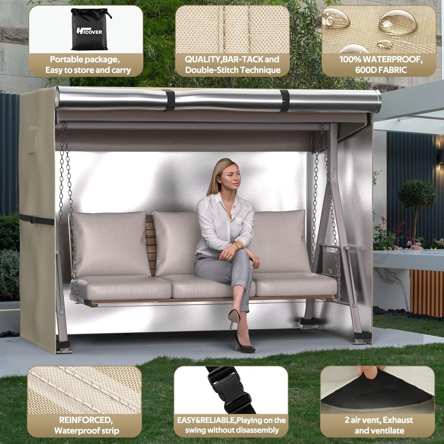 Hollywoodschaukel Abdeckung für 2-Sitzer (175x125x160cm), Khaki 175x125x160cm