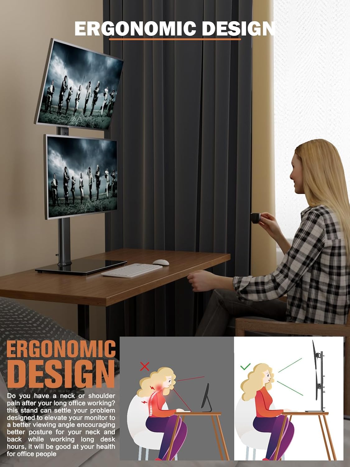 Vertikaler Dual Monitor Ständer für 13-34 Zoll Bildschirme, Schwarz