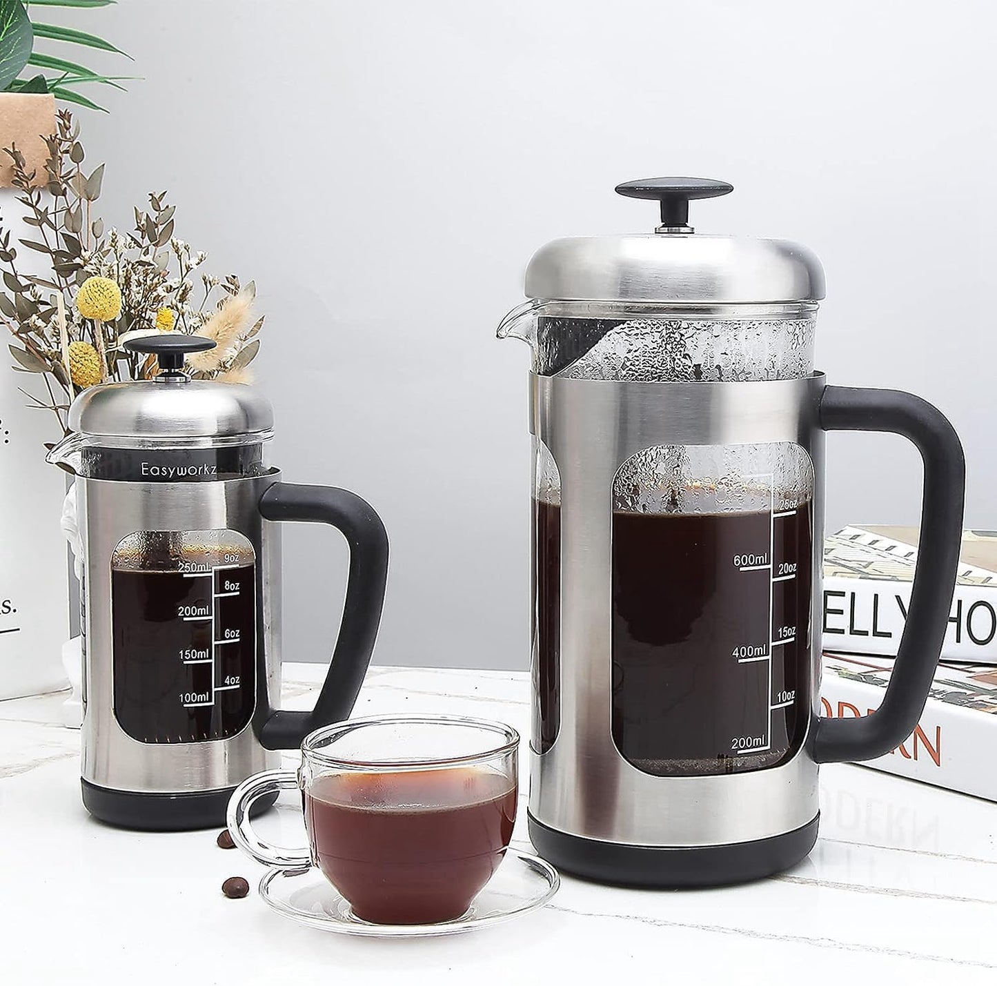 Kaffeebereiter mit Edelstahlpresse (1000 ml), Silber 1000ml