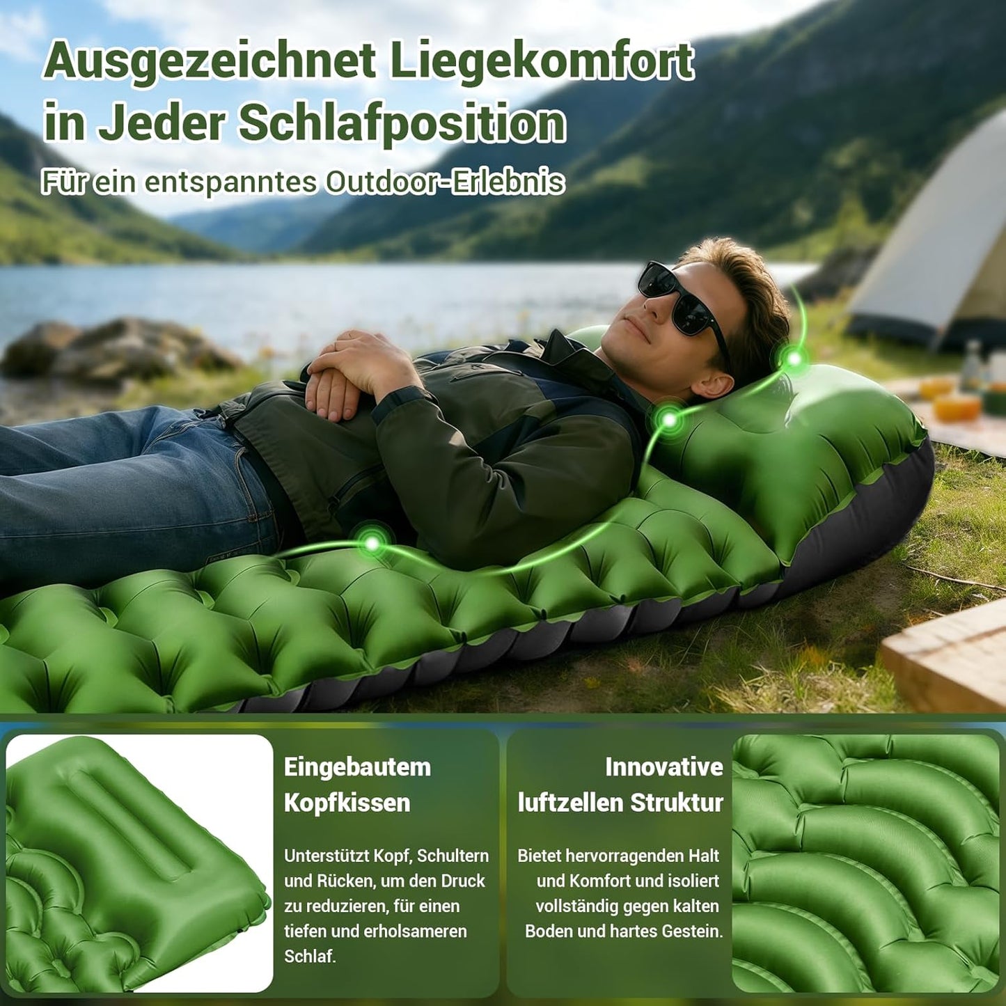 Aufblasbare Camping-Isomatte mit Fusspumpe, Grün + Grau / Einzel