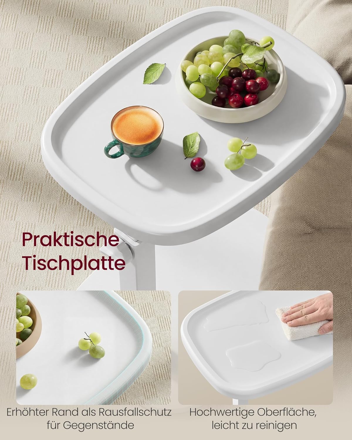 Höhenverstellbarer C-Form Beistelltisch, Wolkenweiss + Höhenverstellbar