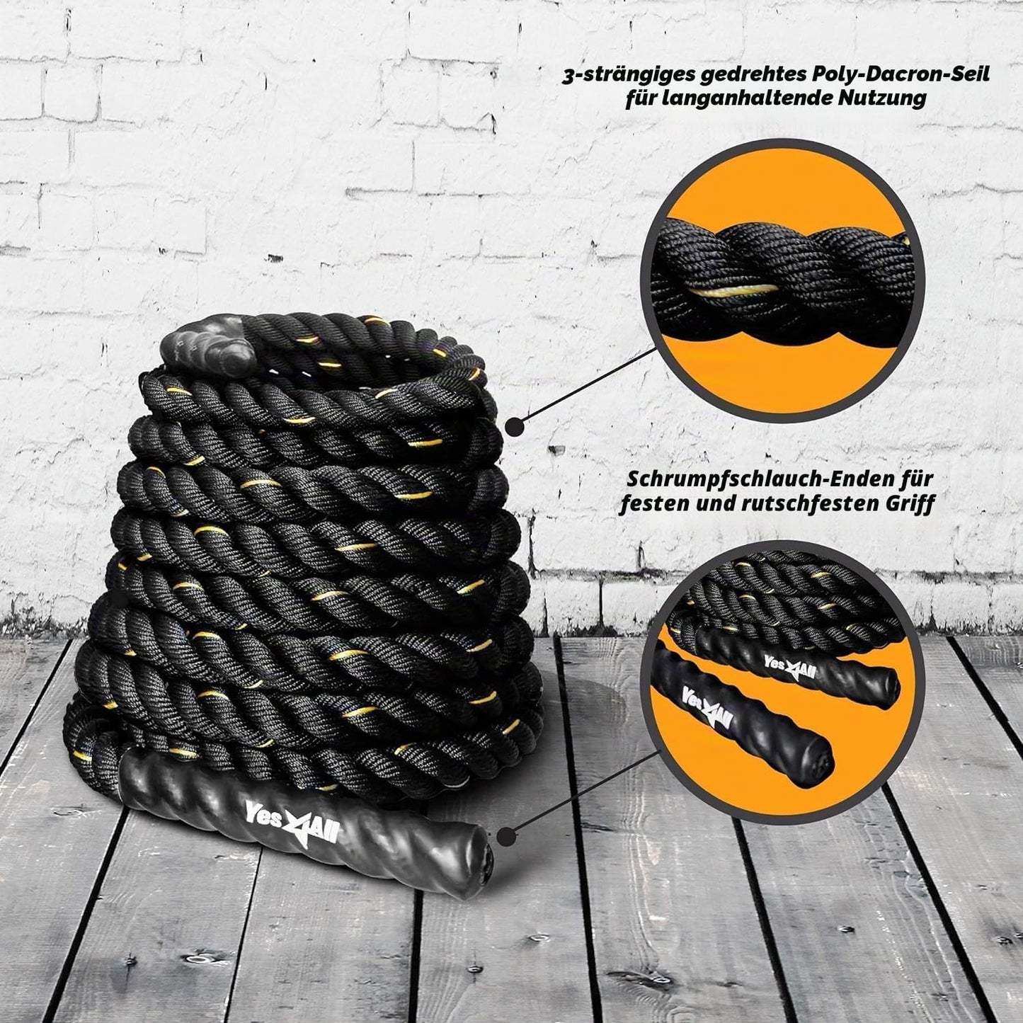 Battle Rope Trainingsseil, D. 50mm - 9m Ohne Anker - Schutzabdeckung