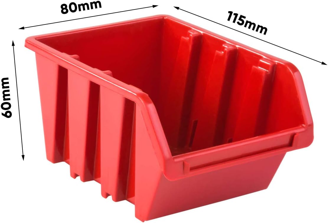 Werkzeugwand mit Stapelboxen und Haltern, Rot
