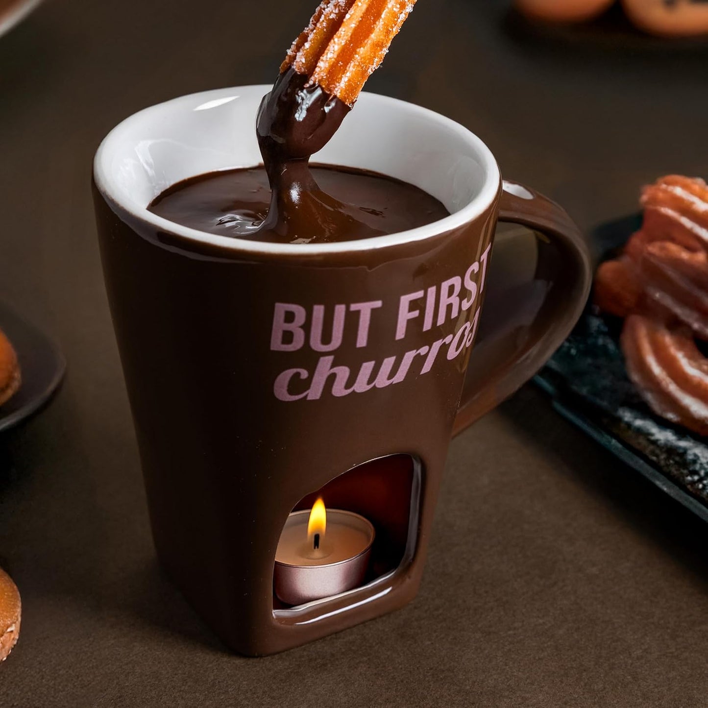 Fondue Tasse mit Gabel, Churros, Braun