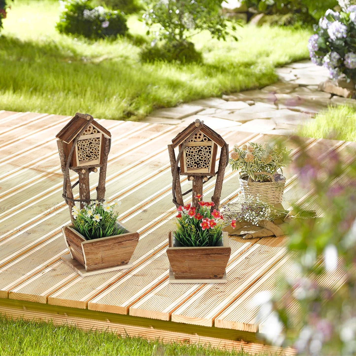 2er-Set Insektenhotel mit Blumentopf, natur 46 x 19 x 24.5 cm