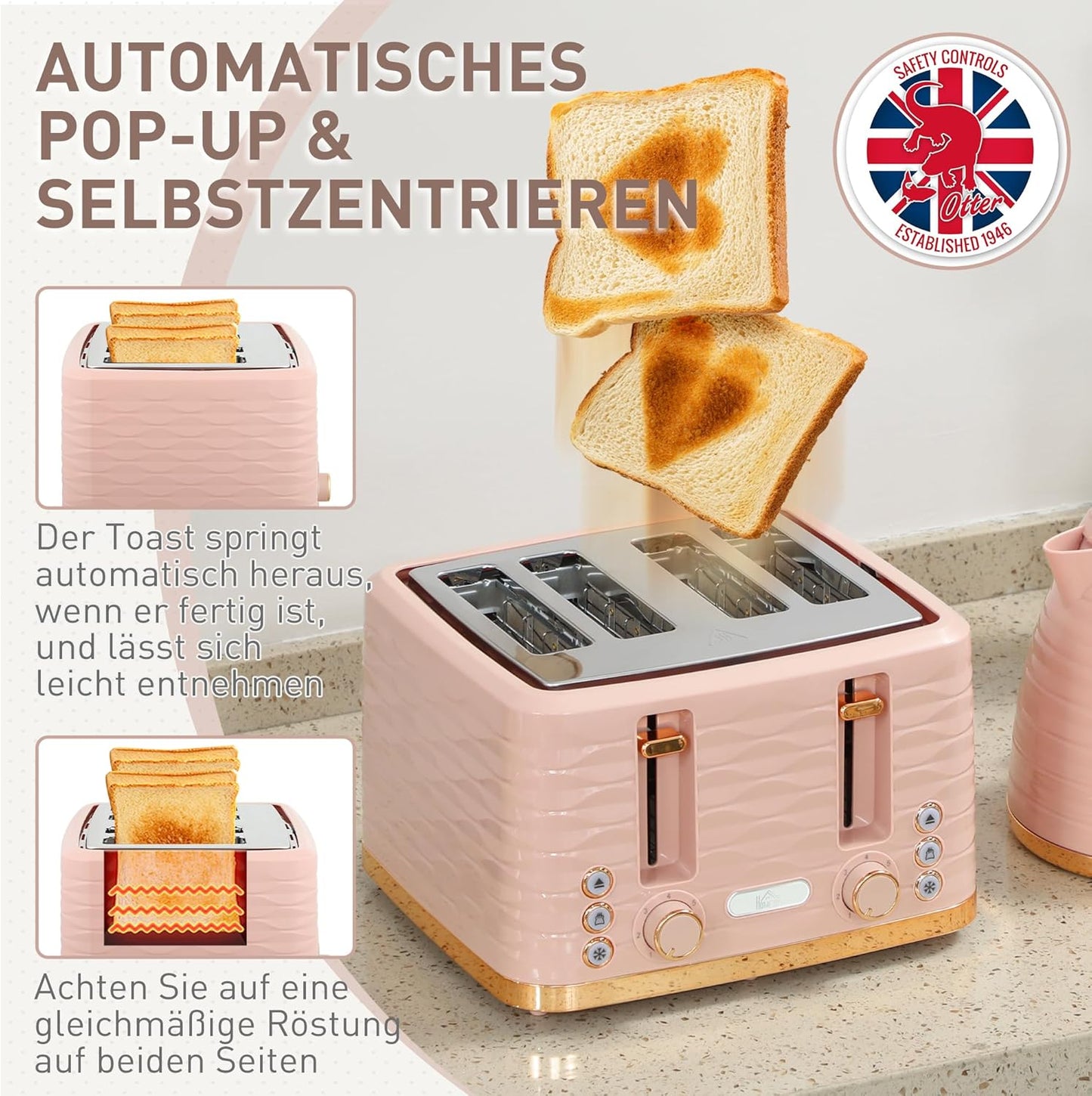 Frühstücksset mit Wasserkocher und 4-Scheiben Toaster, Rosa