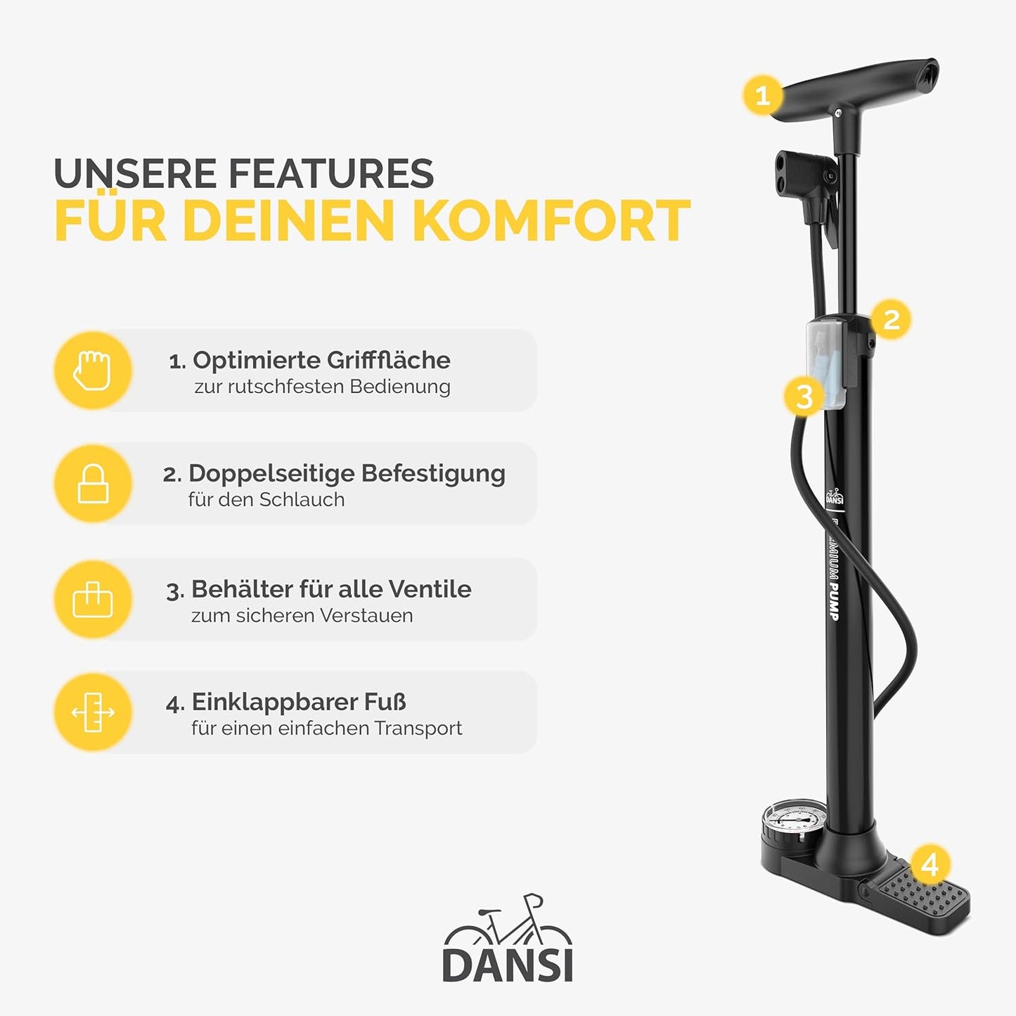 Stand-Fahrradpumpe mit Manometer und Adaptern, BASIC
