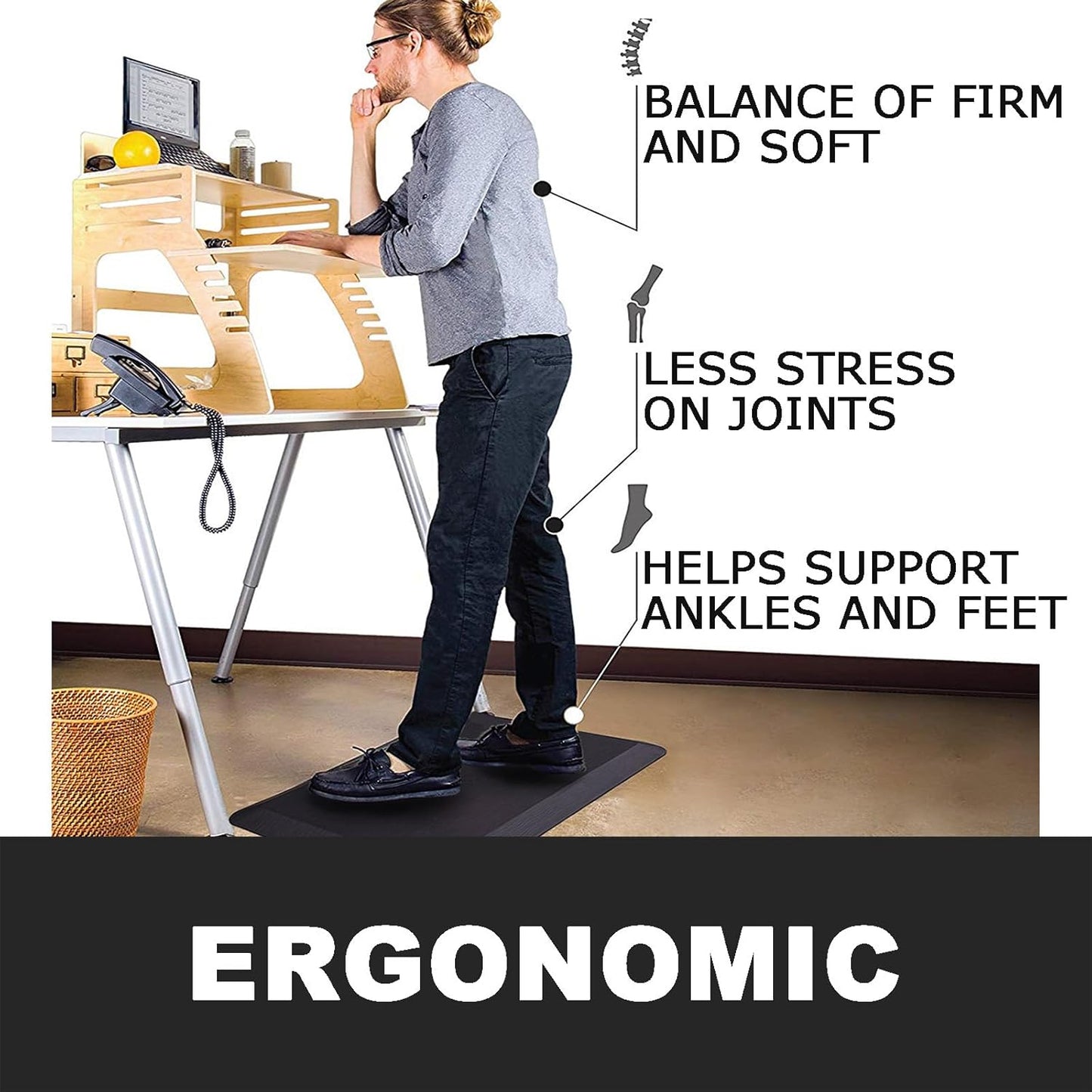 Ergonomische Anti-Ermüdungsmatte, Schwarz 75L x 44B x 2.5D cm