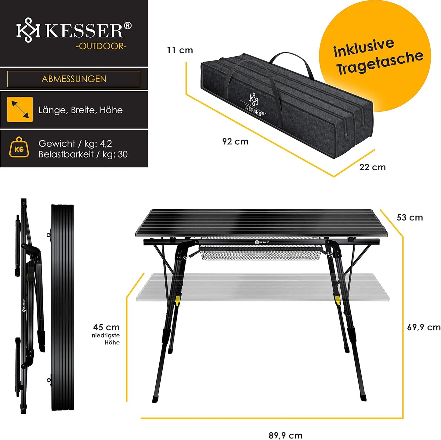 Faltbarer Campingtisch mit Aluminiumrahmen, 90 cm x 53 cm Schwarz