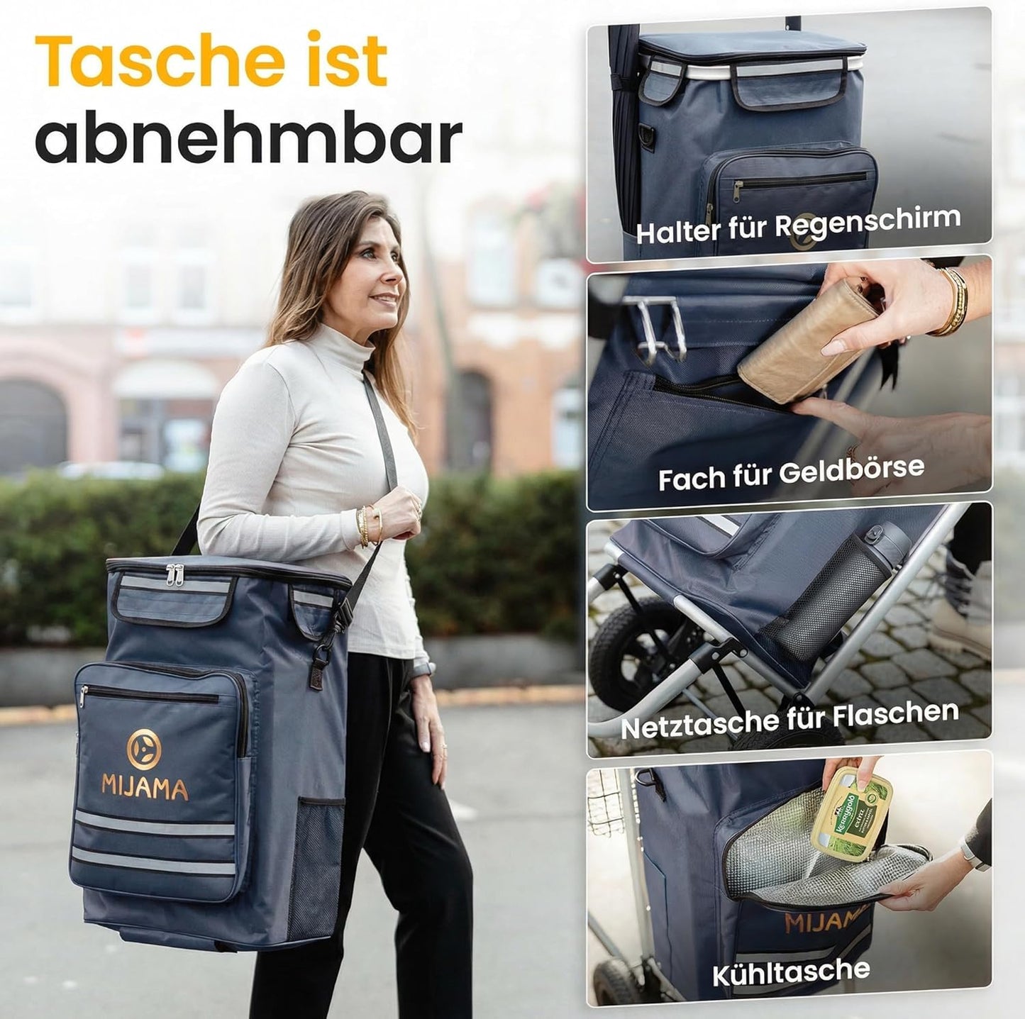 Einkaufstrolley mit grossen Lufträdern, klappbar, Dunkelblau