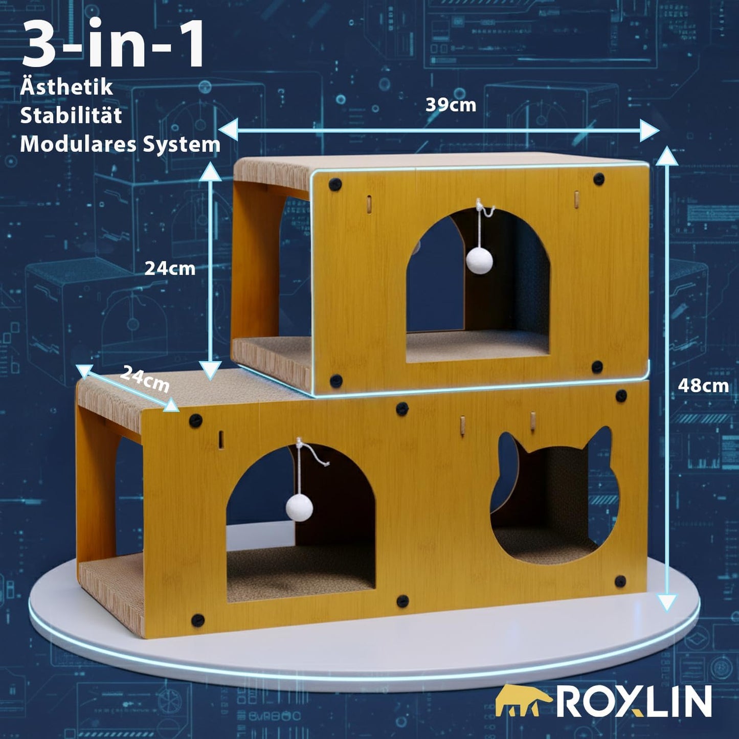 3-in-1 Katzenhöhlen mit Kratzfläche und Spielzeug, Tunnel-Modell