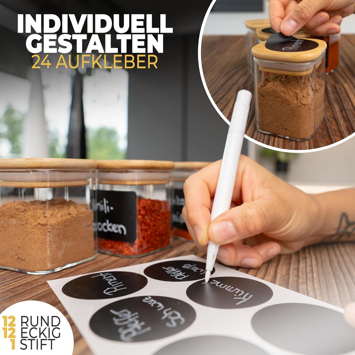 Gewürzgläser, 12er Set eckig