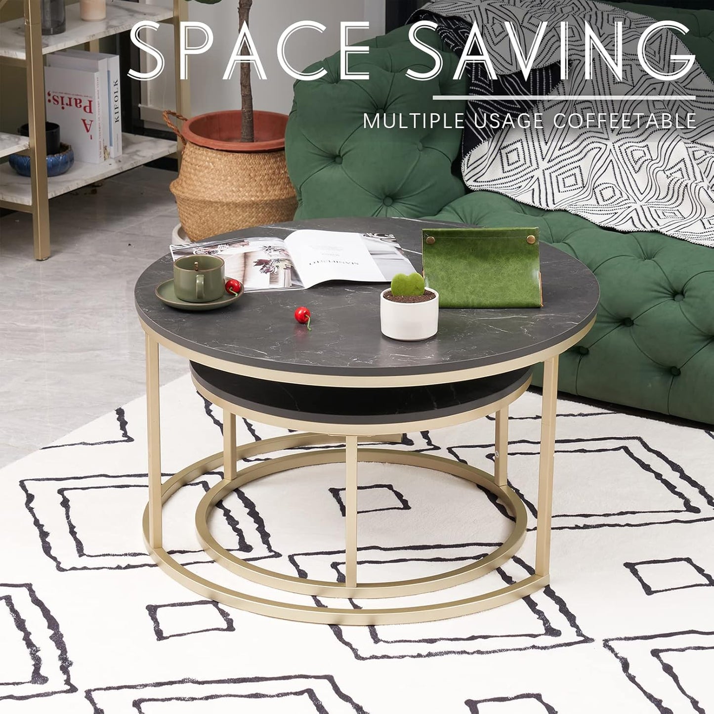 2er-Set Runder Couchtisch, Schwarz & Gold