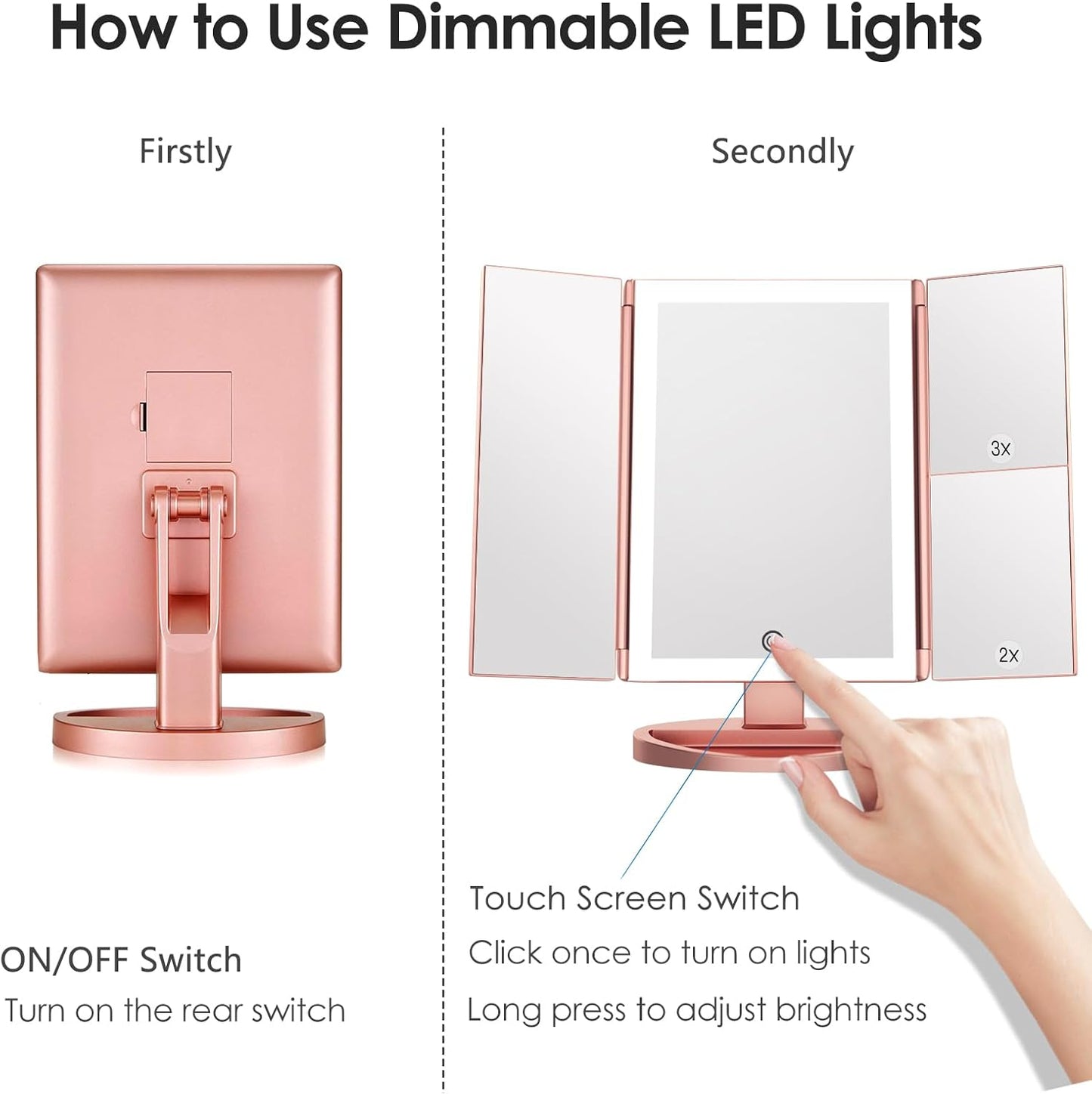 Dreifach gefalteter Kosmetikspiegel mit LED & Vergrösserung, Roségold