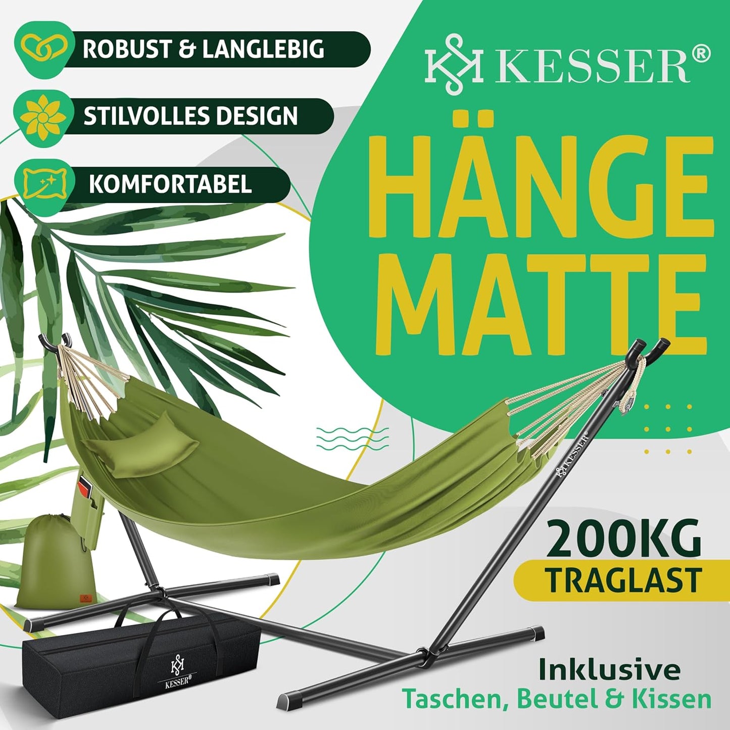 Hängematte mit Gestell für 2 Personen, Khaki
