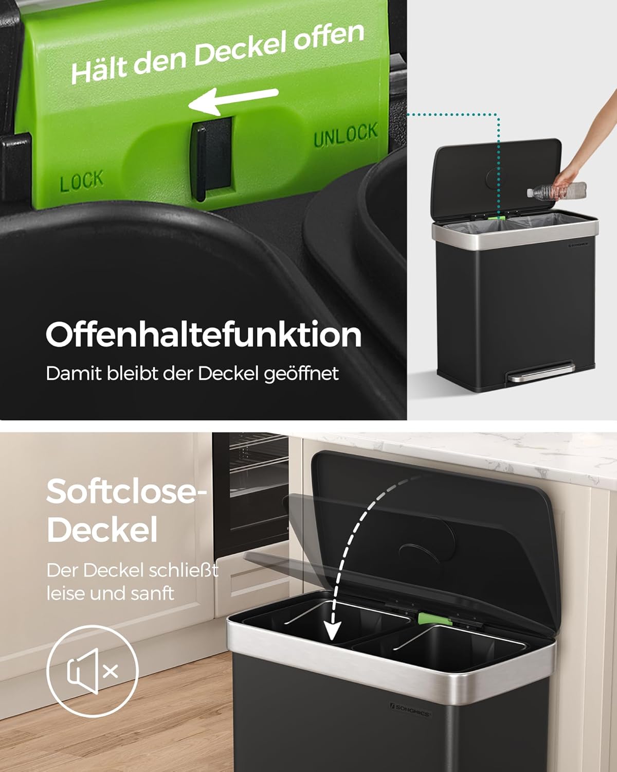 Softclose Mülltrennsystem 2 x 30 Liter, Rabenschwarz