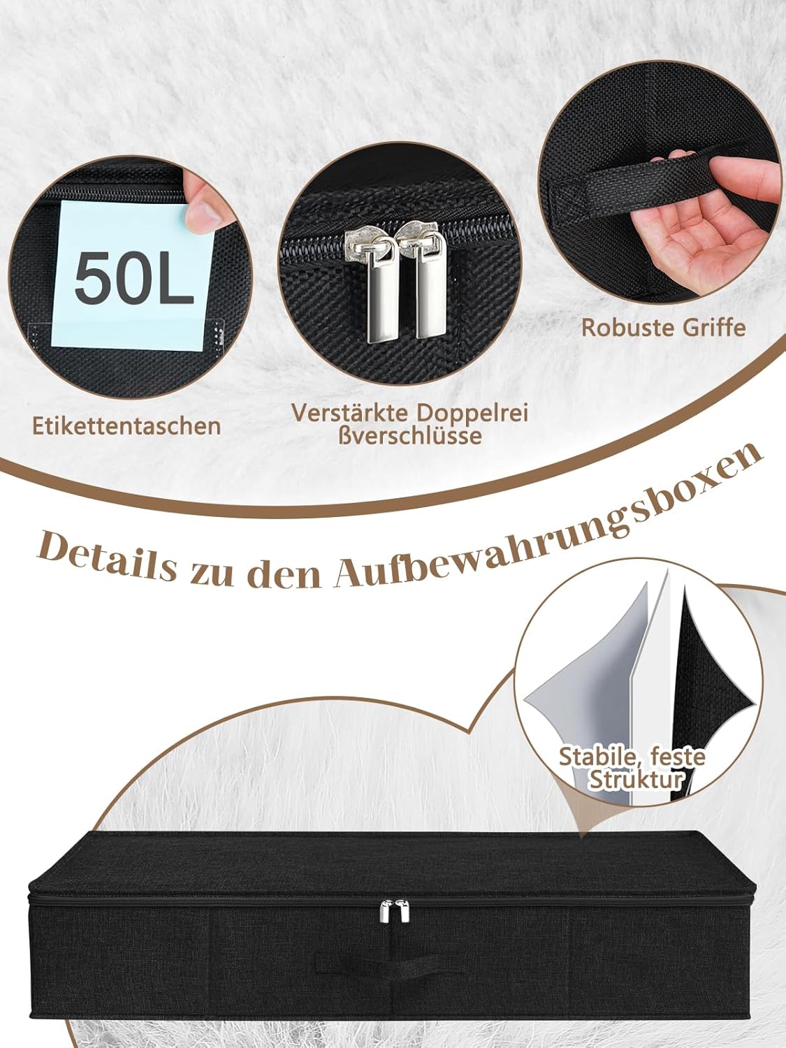 Faltbares Unterbett-Aufbewahrungsboxen Set, 3pcs-black