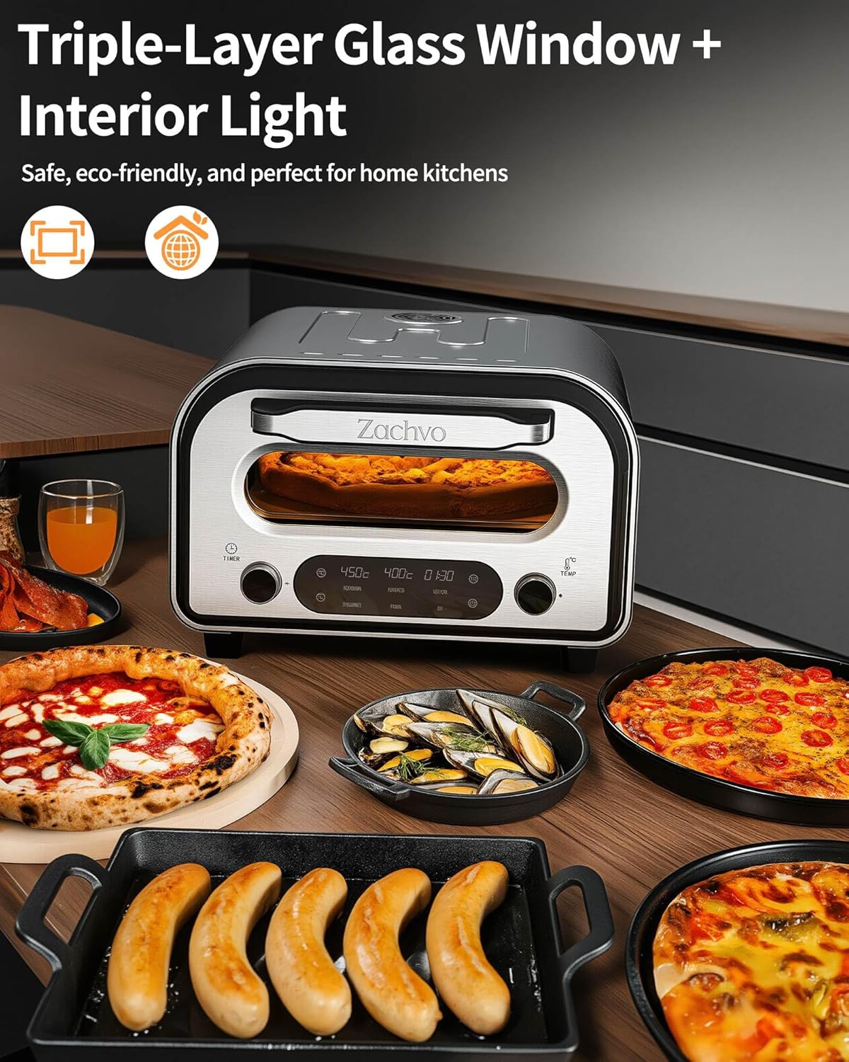 Elektrischer Pizzaofen mit Pizzastein & Rezeptbuch, mit Pizzaschieber&Pizzastein&Rezepten Schwarz