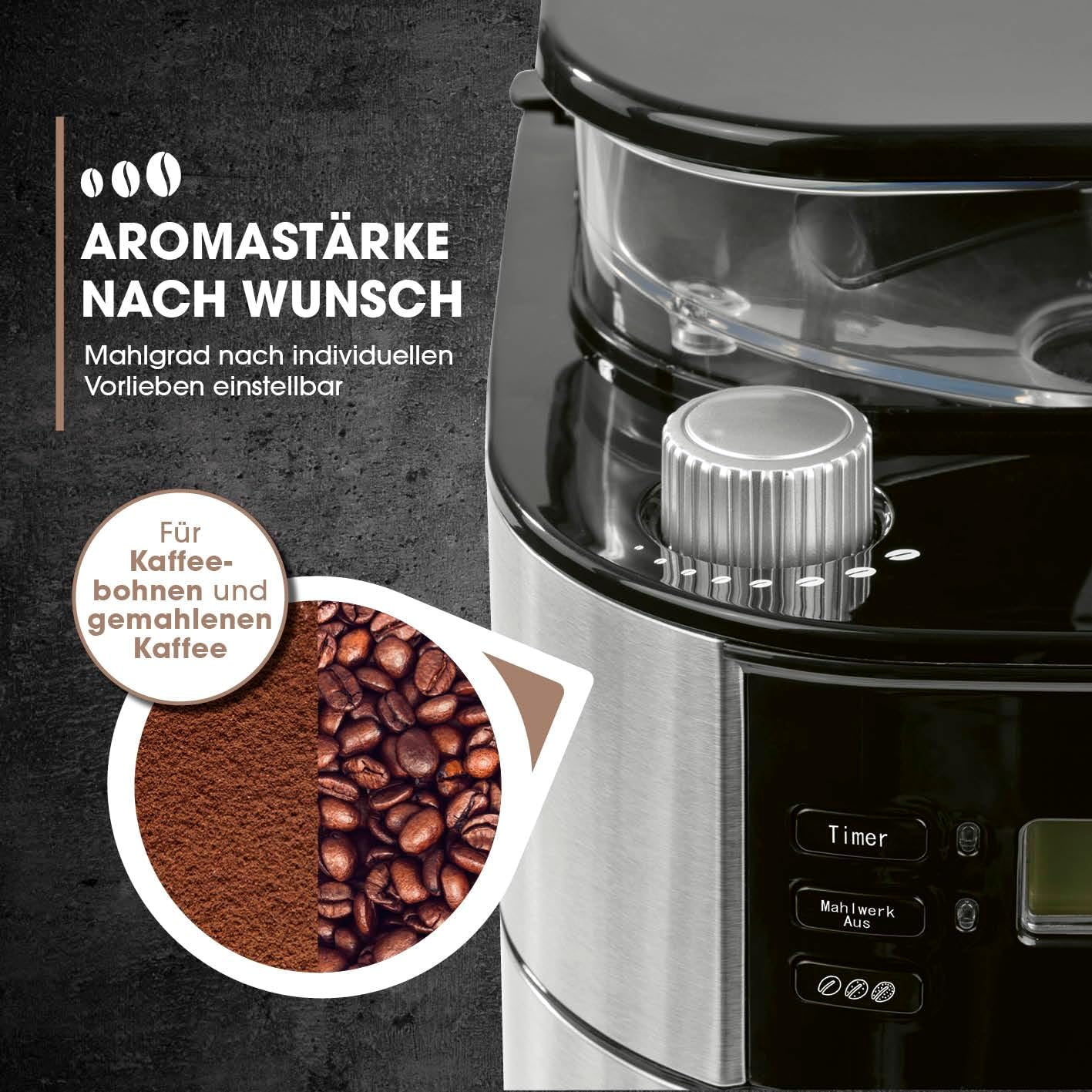 Filterkaffeemaschine für 10 Tassen, 6) Edelstahl - Glaskanne - mit Mahlwerk