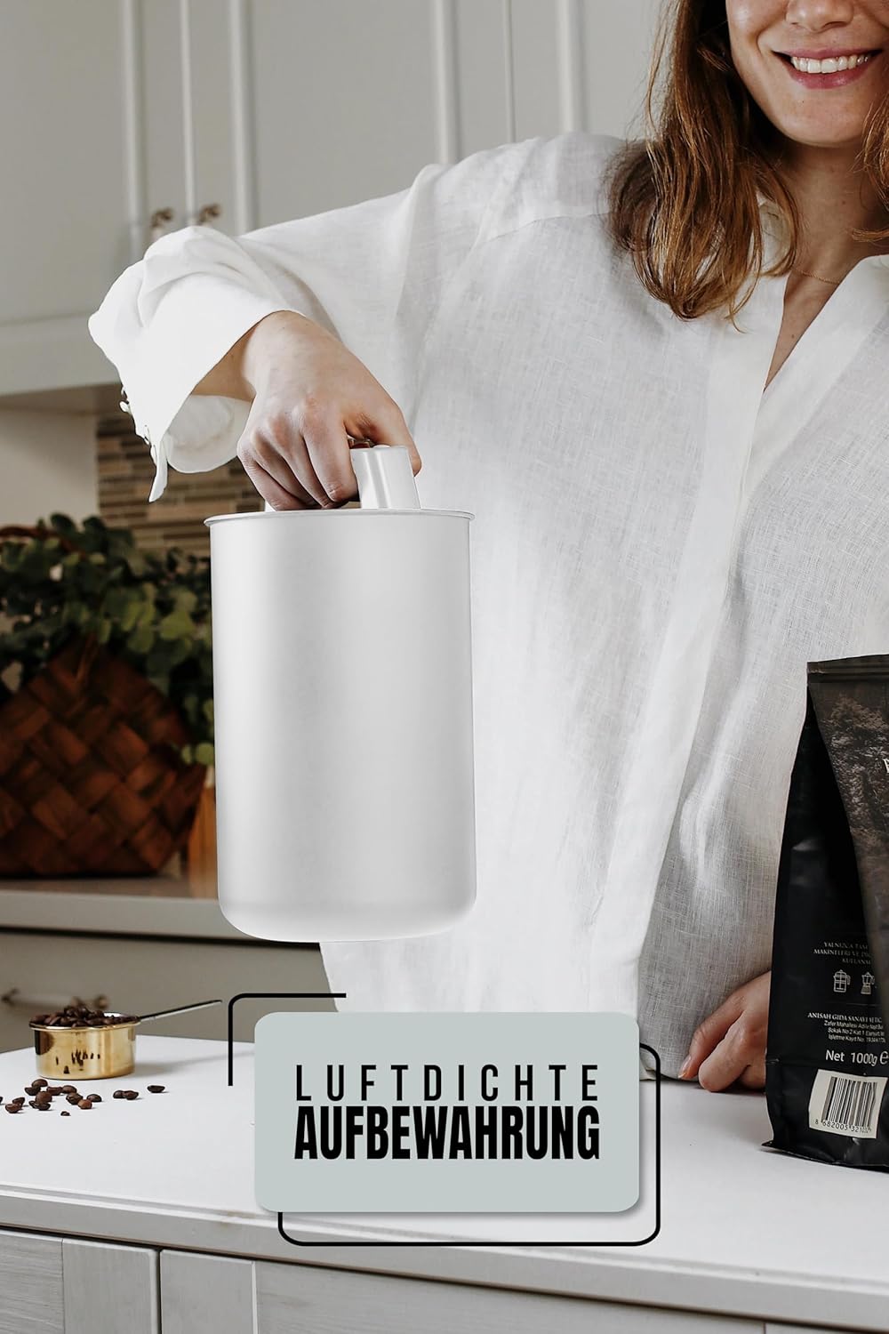 Kaffeedose mit Vakuumdeckel & Aromaverschluss, Weiss Matt