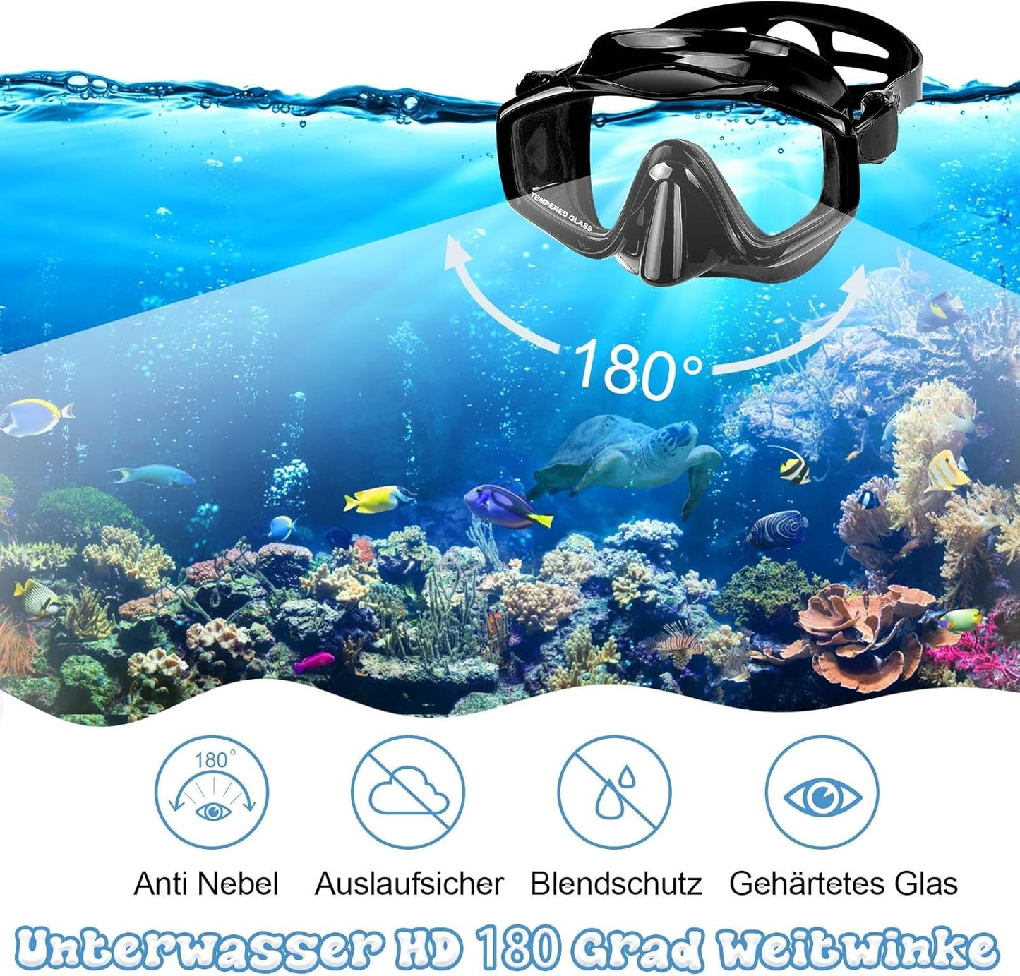 Schnorchelset mit Taucherbrille und Trockenschnorchel, Schwarz