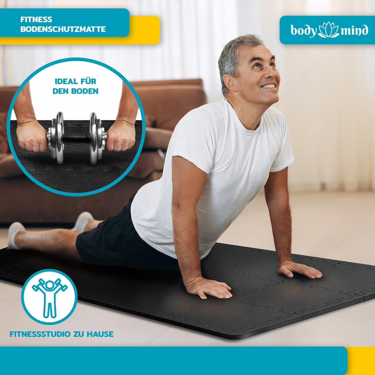 54-teiliges Boden-Schutzmatten Puzzle-Set für Fitnessgeräte, Schwarz
