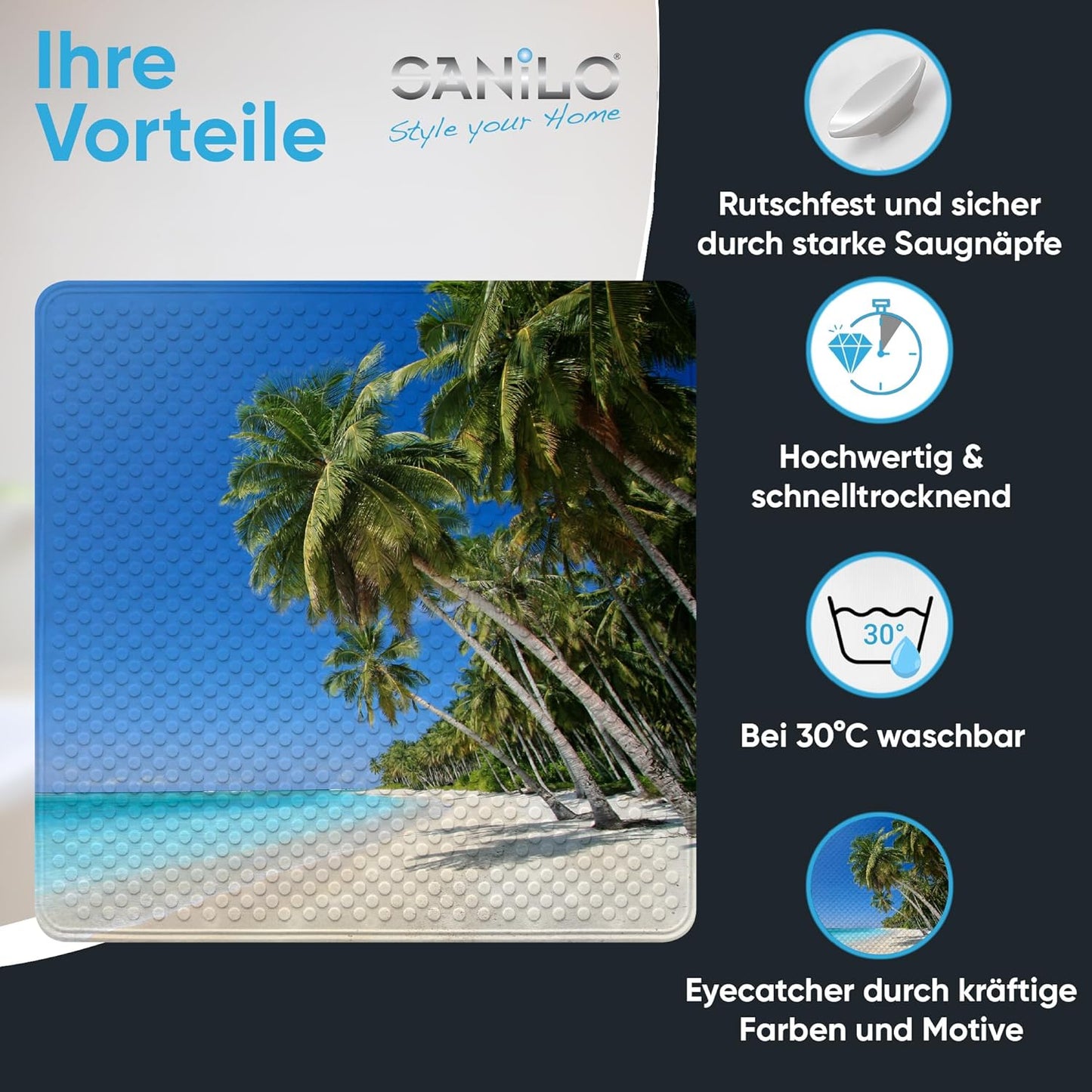 Rutschfeste Badematte für Dusche & Badewanne (53x53 cm), Karibik