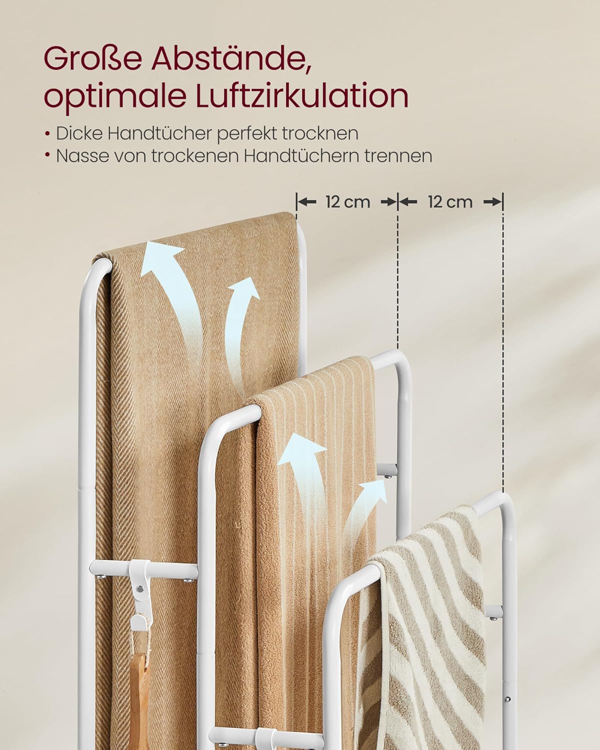 Handtuchständer mit 3 Stangen und Ablage, Wolkenweiss + Naturbeige