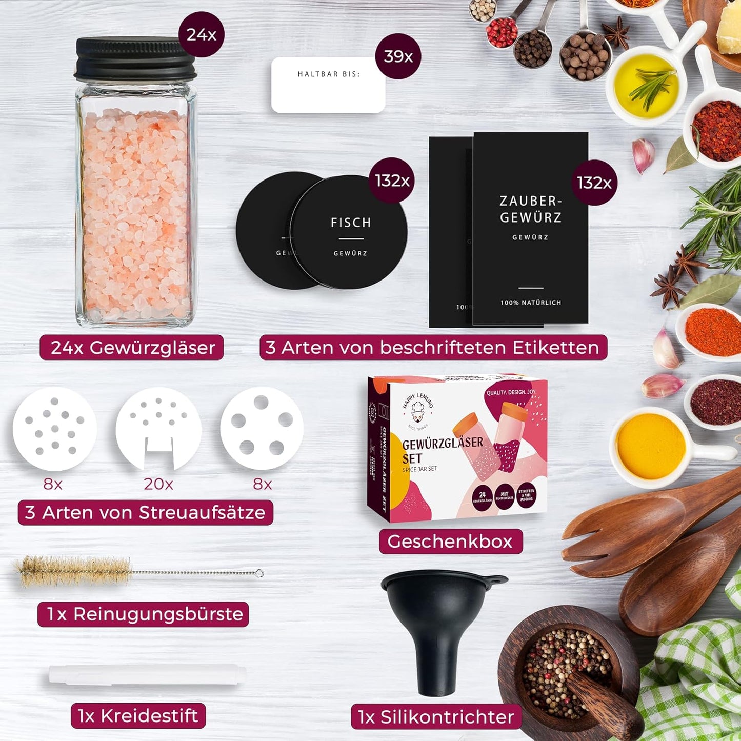 24-teiliges Gewürzgläser Set mit Etiketten, Streueinsatz, Trichter & Reinigungsbürste, Schwarz - 24 - schwarze Etiketten