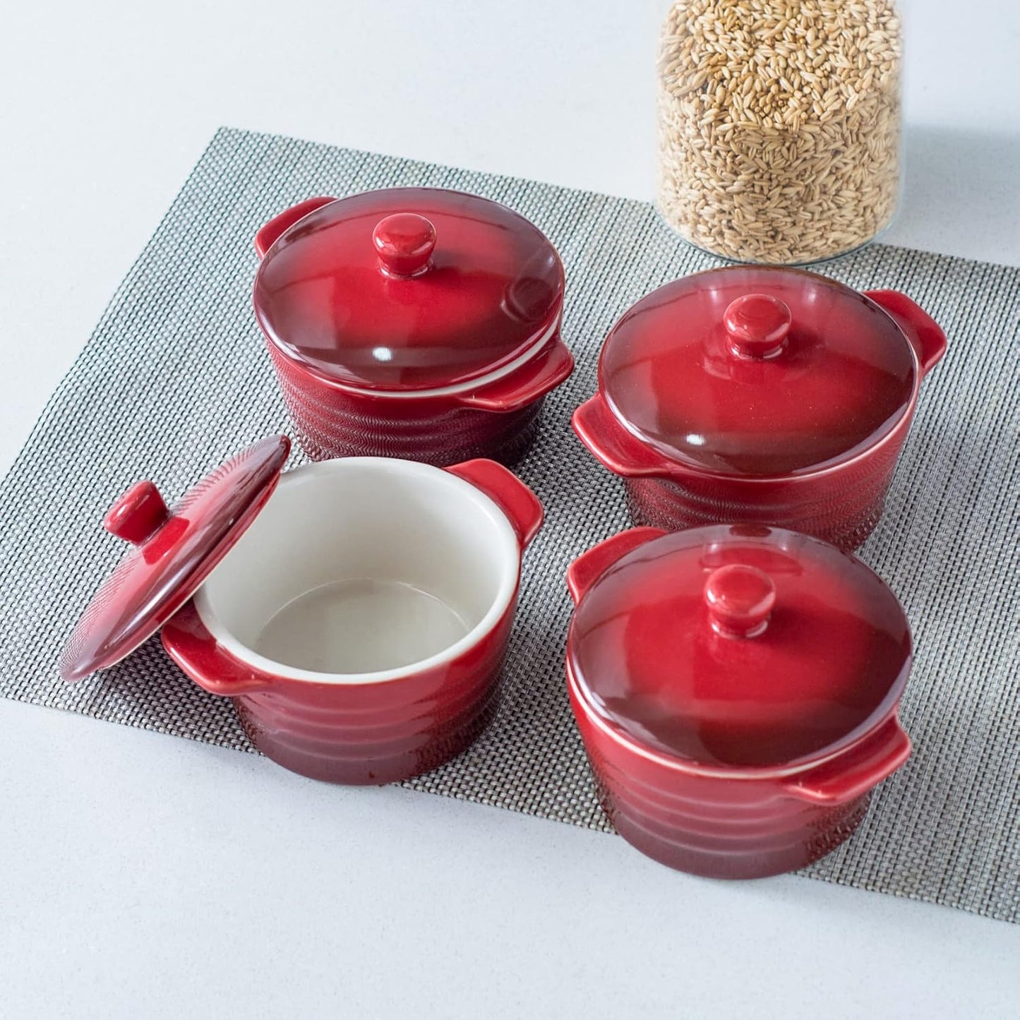 4er-Set Soufflé Förmchen mit Deckel, 250ml, Rot
