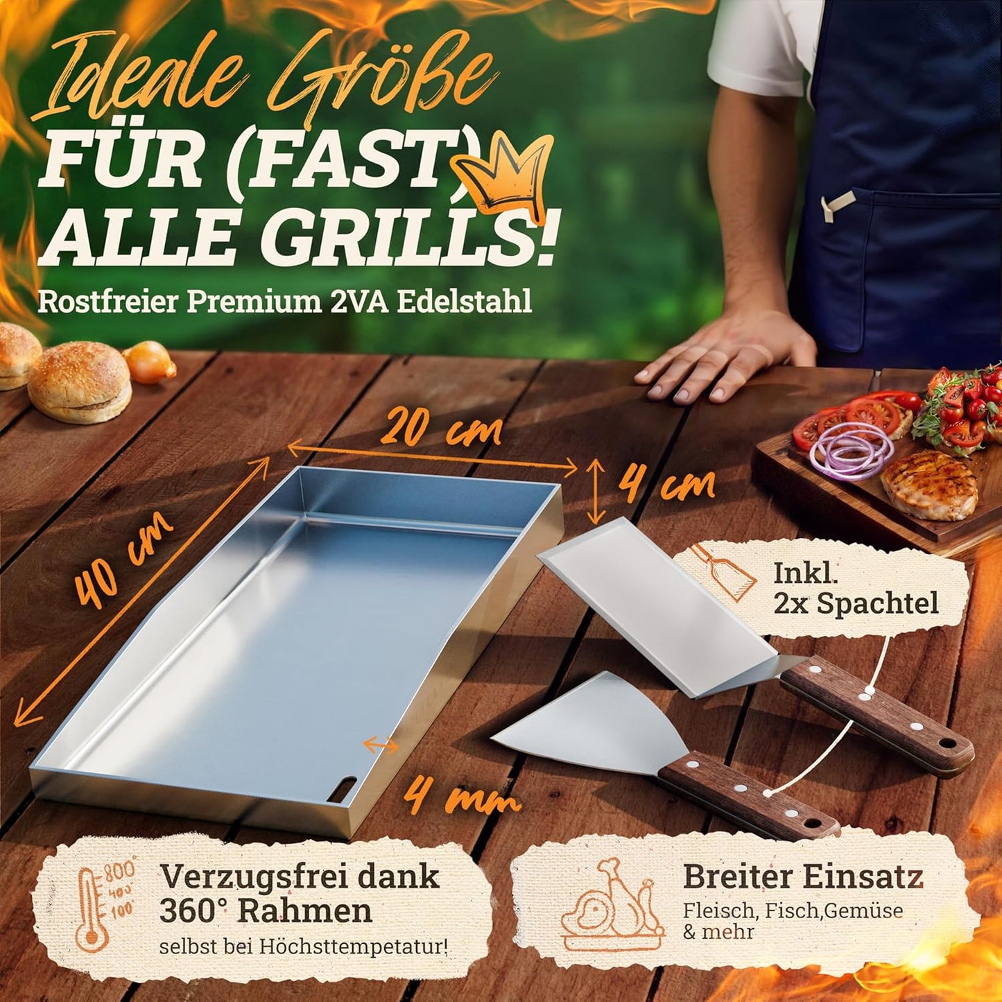 Plancha Grillplatte mit Burger Master Set, Bundel: Plancha-set & Burger Master-set 20x40cm