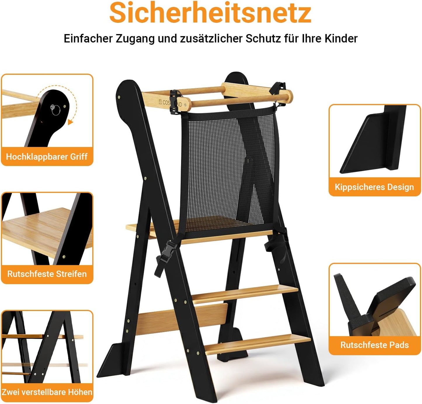 Montessori Lernturm klappbar und höhenverstellbar, L Schwarz & Natur