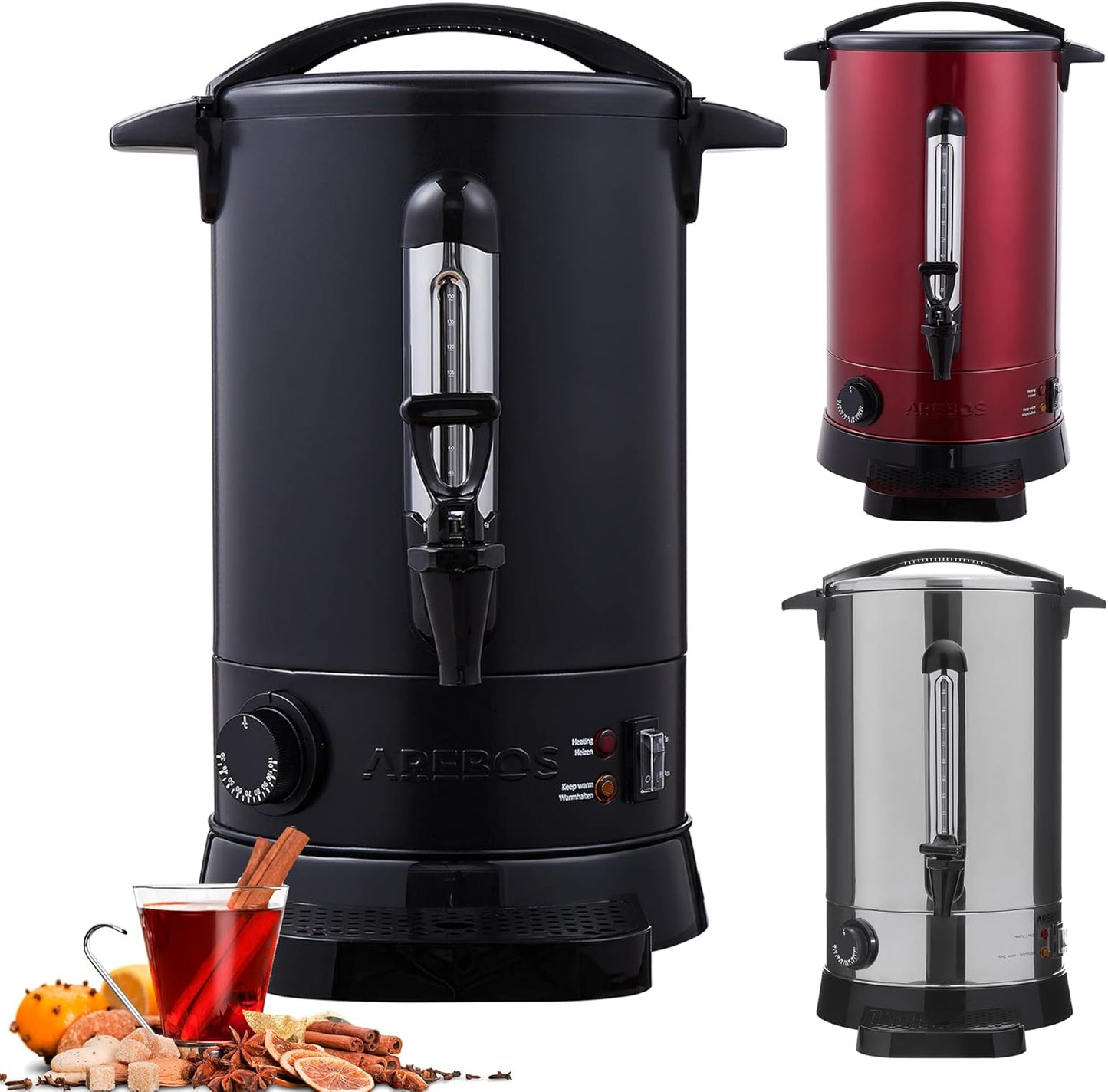 3in1 Glühweinkocher mit Thermostat, Auffangschale & Auslasshahn, Schwarz