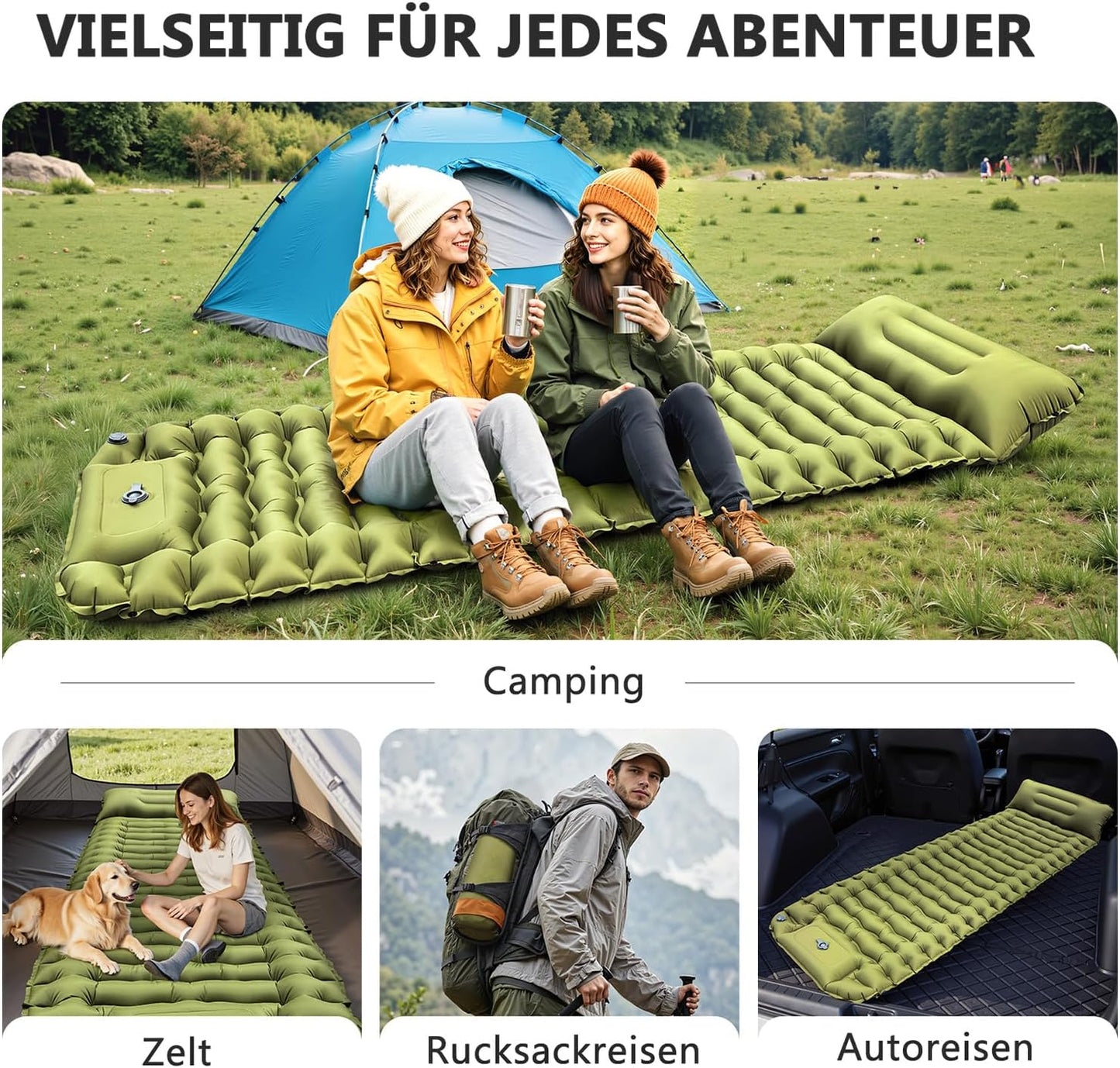 Selbstaufblasende Isomatte mit Fusspumpe für Camping, Grün