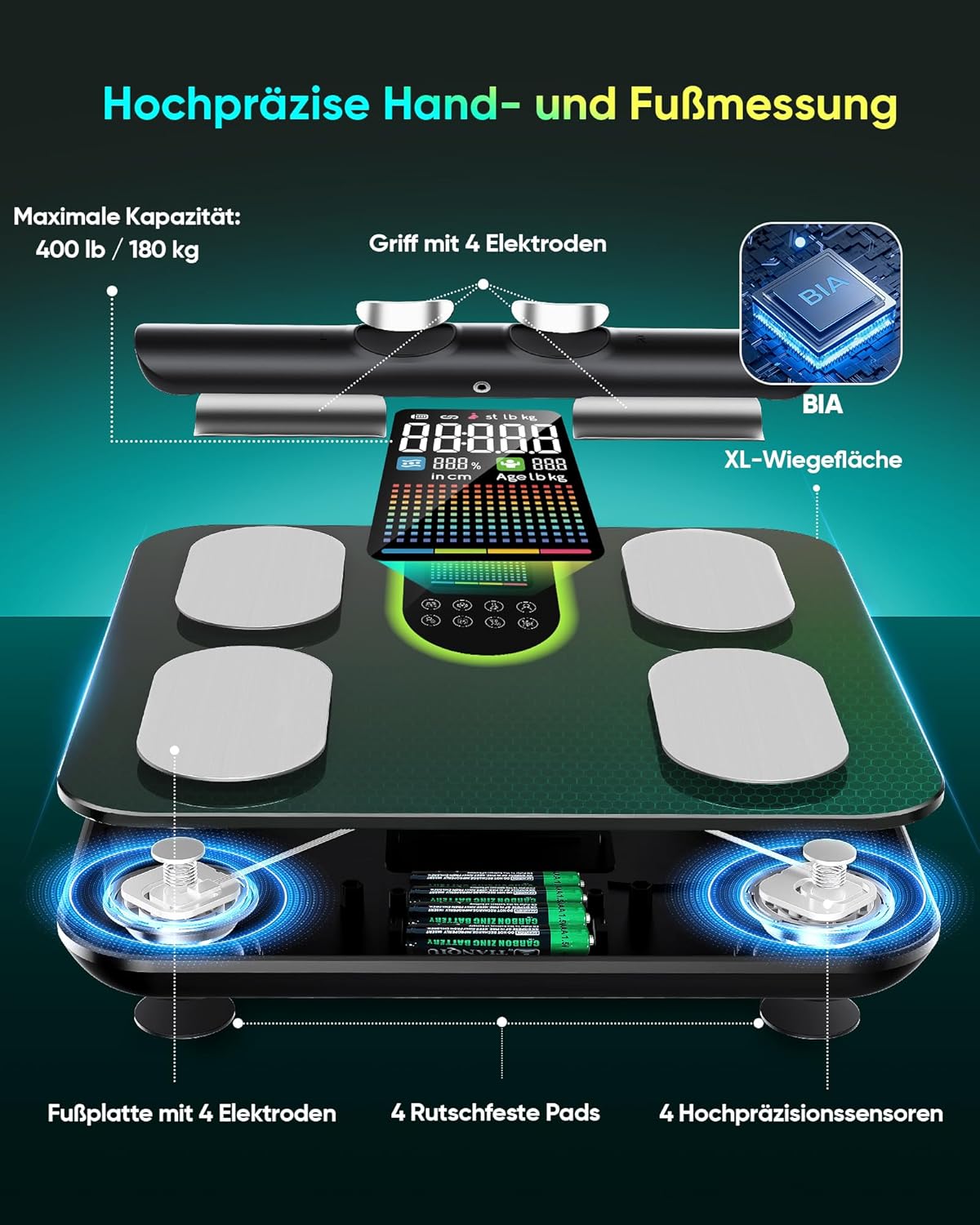 Digitale Körperfettwaage mit 8-Elektroden & App Integration, Schwarz
