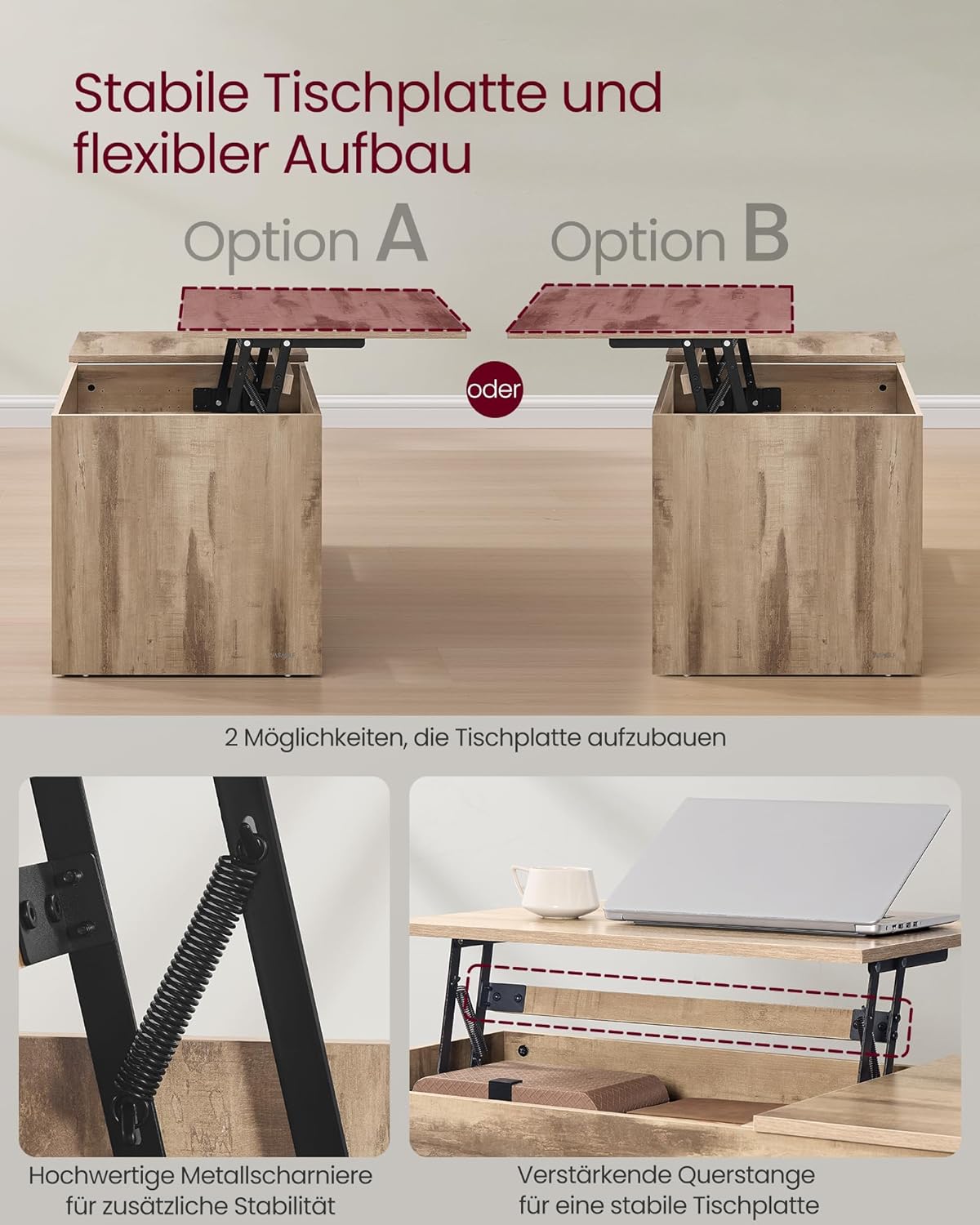 Höhenverstellbarer Couchtisch mit Schubladen, Kamelbraun + Wolkenweiß