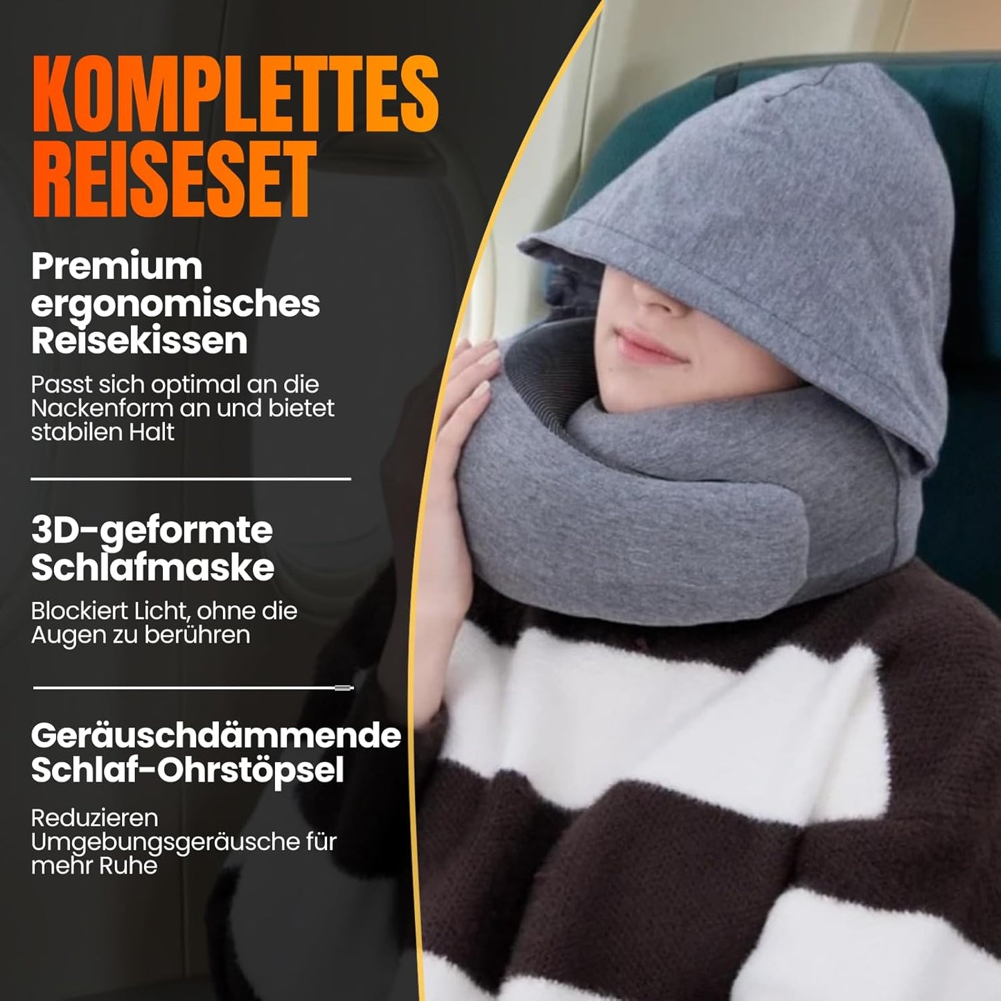 Reisekissen mit Kapuze aus Memory-Schaum, Hellgrau Hooded Pro