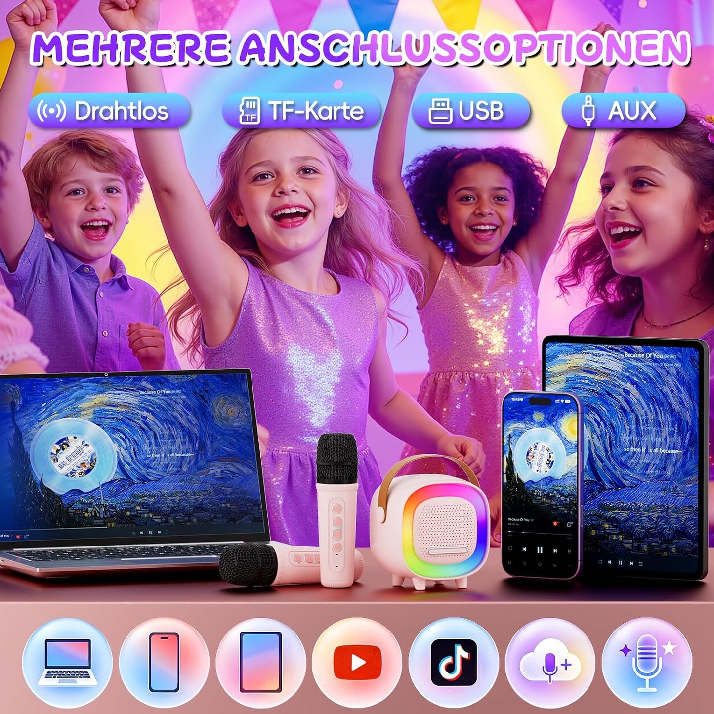 Karaoke Maschine mit LED & Stimmeffekten für Kinder