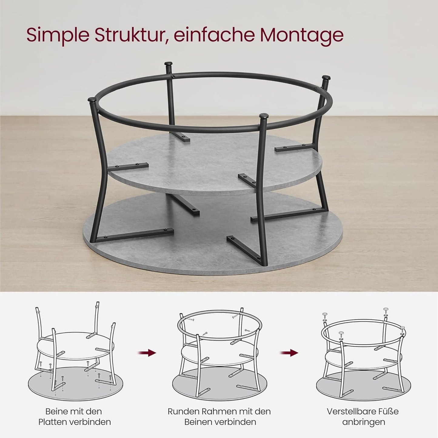Runter Couchtisch, Betongrau + Tintenschwarz