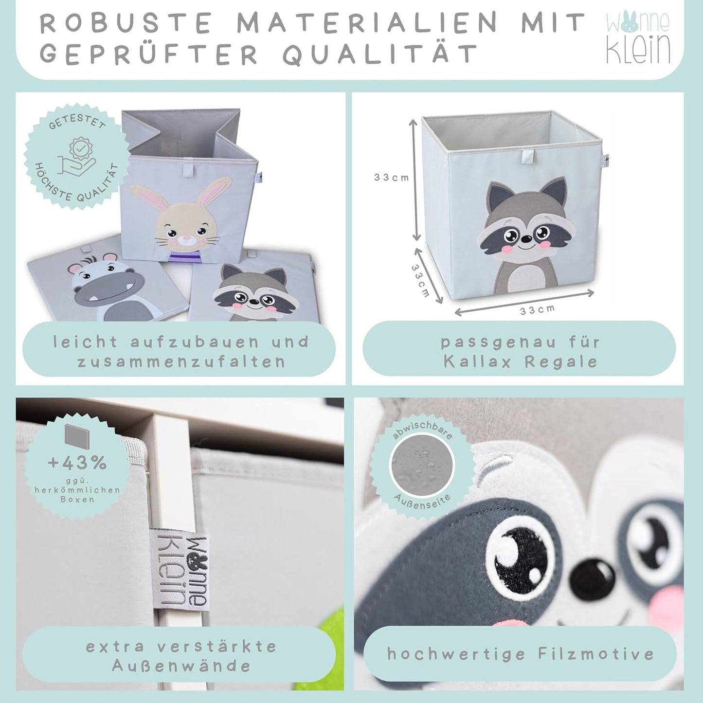 Aufbewahrungsboxen-Set mit Tiermotiven, 3er Set: Hase, Fuchs, Waschbär