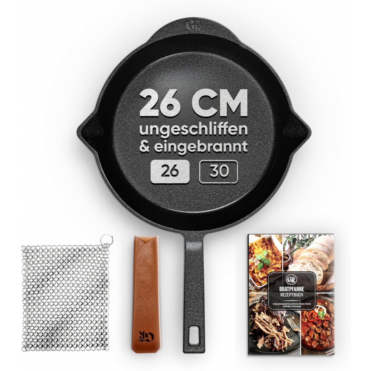 Gusseisenpfanne mit Ledergriffschutz, Bratpfanne 26cm