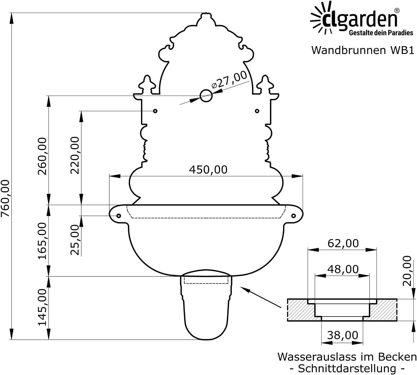 Nostalgischer Wandbrunnen WB1 mit Waschbecken