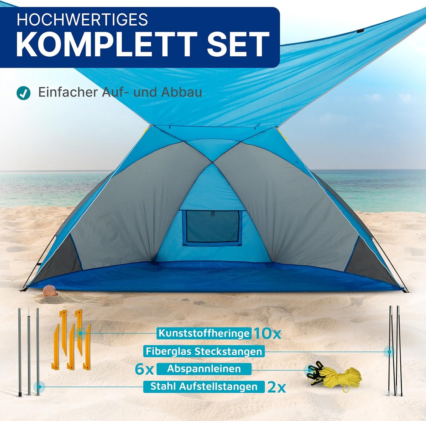 Strandmuschel mit Sonnendach, UV Schutz 80+ (270x120x120cm), Strandmuschel mit Sonnendach