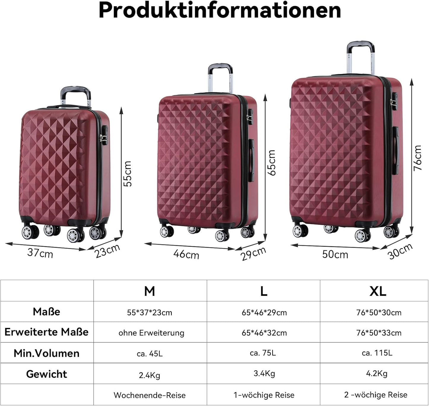 3-teiliges Reisekoffer-Set, Wein Rot